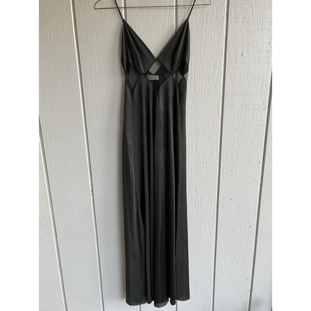 Cinandre Lingerie Vtg Long Nylon Slip Dress Nightgown Mesh Cutouts Black Size P